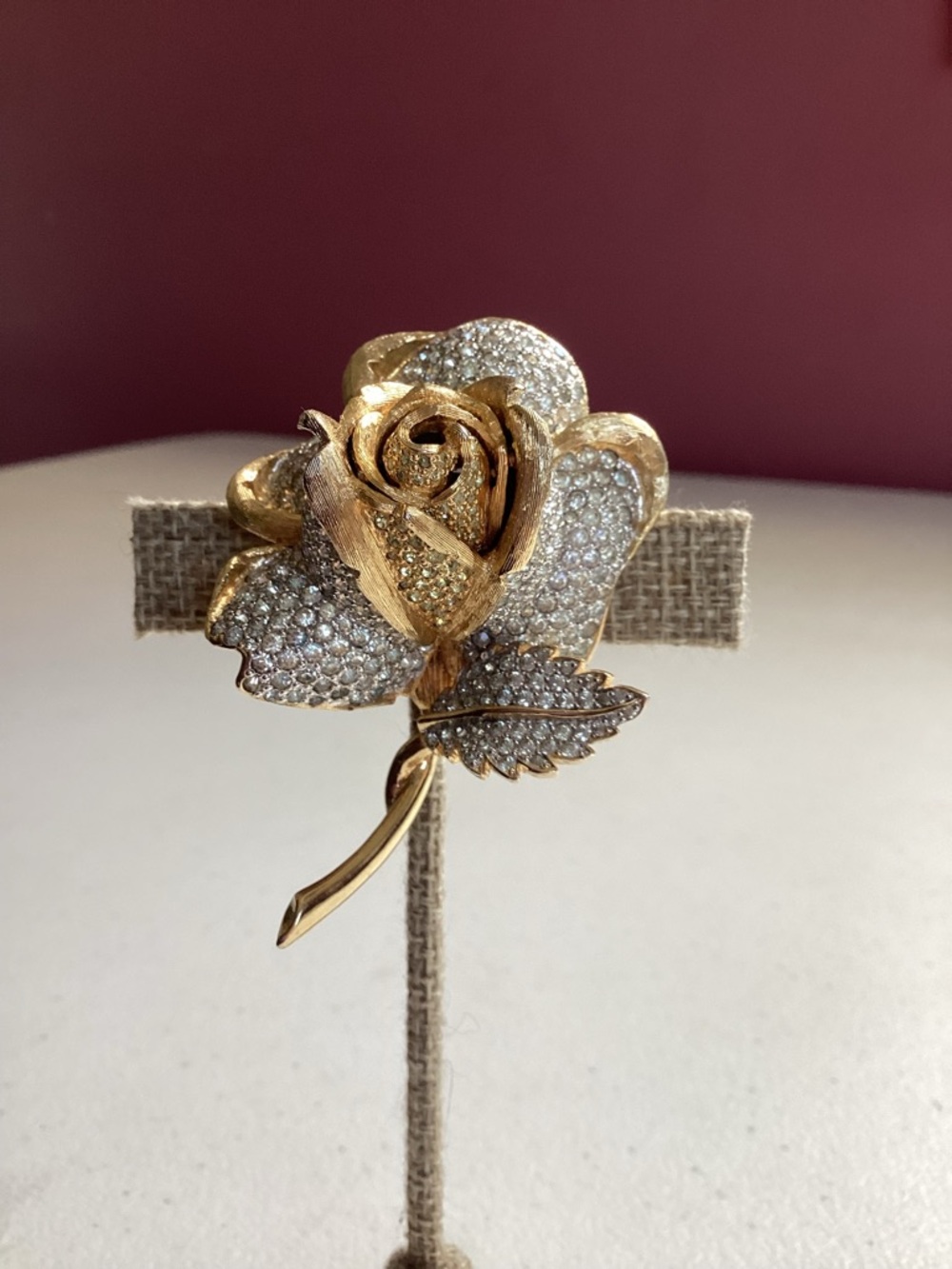 Nettie Rosenstein Rhinestone Rose Brooch Gold Tone Pave Vintage Design